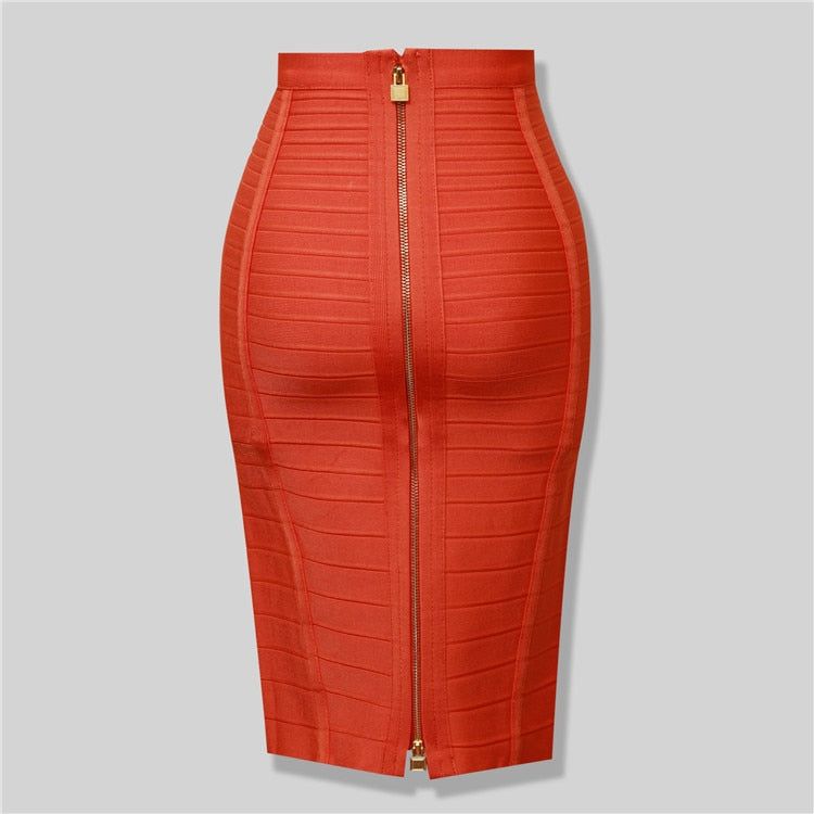 High Quality Black Red Blue Orange Zipper Bodycon Rayon Bandage Skirt Day Party Pencil Skirts Vestidos