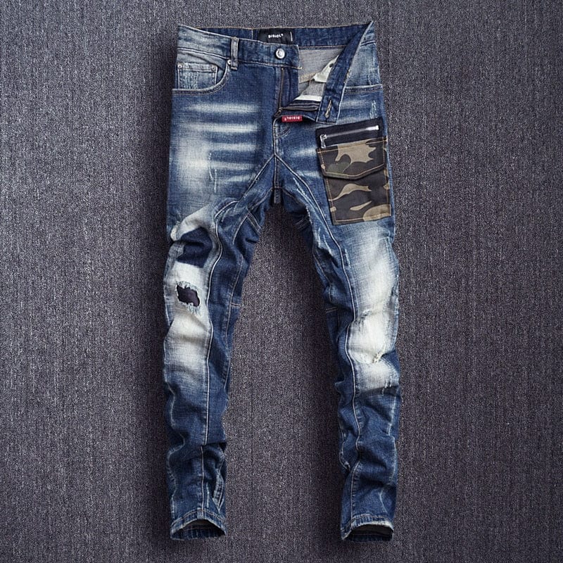 Italian Style Fashion Men Jeans High Quality Camouflage Pocket Spliced Designer Ripped Jeans Homme Streetwear Hip Hop Jeans Men