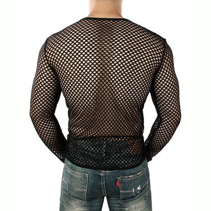 Mens Transparent Sexy Mesh T Shirt  New See Through  Fishnet Long Sleeve Muscle Undershirts Nightclub Party Perform Top Tees