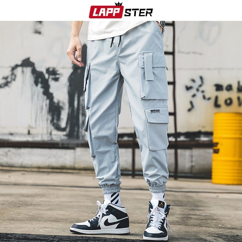 LAPPSTER Men Black Embroidery Joggers Pants 2022 Man Streetwear Cargo Pants Male Pocket Sweatpants Grey Tactical Pants Plus Size