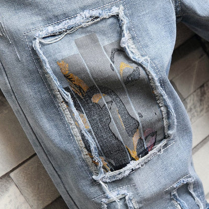 3D character art printed men's light blue comfortable denim shorts  summer new youth must-have fashion slim jeans shorts