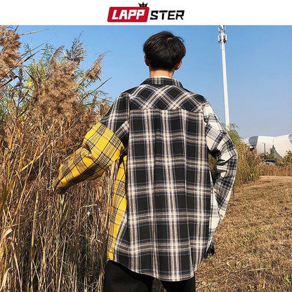 LAPPSTER Men Oversized Cotton Plaid Shirt  Man Hip Hop Patchwork Button Up Long Sleeve Shirt Couple Korean Harajuku Clothing
