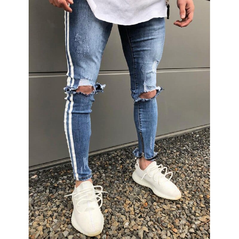 Blugi skinny bărbați Hip Hop cu dungi elastice, slim fit, pantaloni din denim, pantaloni elastici pentru bărbați, blugi, cu găuri rupte, pe genunchi