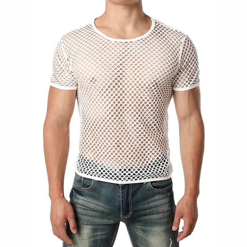 Mens Transparent Sexy Mesh T Shirt 2021 New See Through  Fishnet Long Sleeve Muscle Undershirts Nightclub Party Perform Top Tees