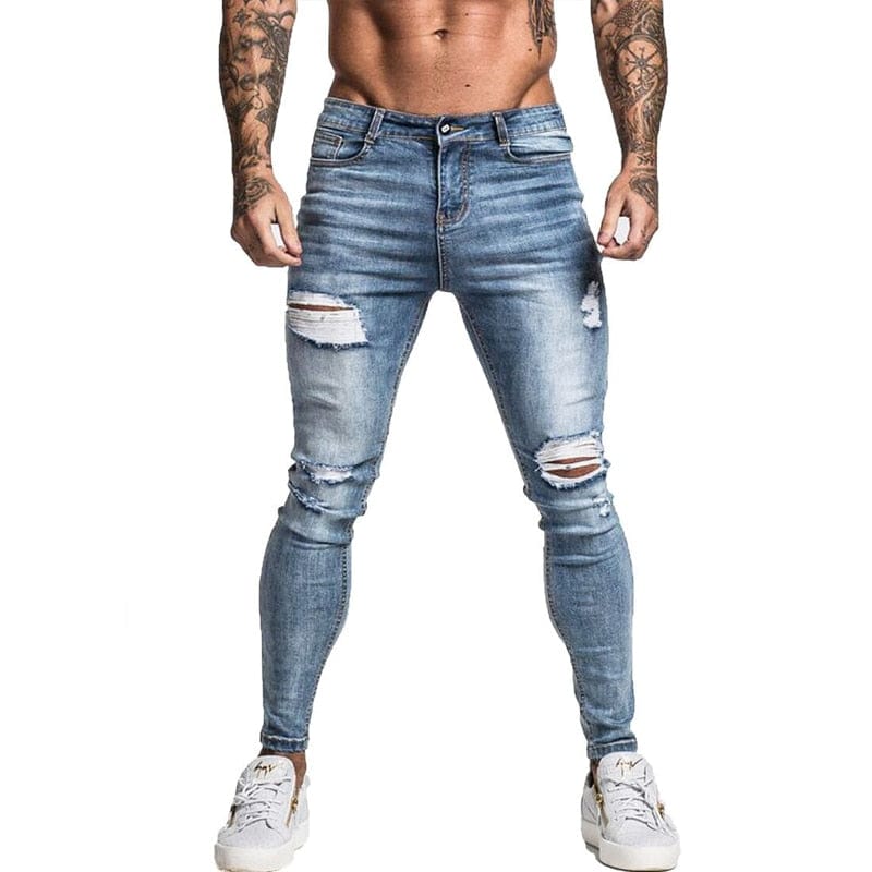 Gingtto Blugi pentru bărbați Skinny Stretch Blugi reparați Albastru deschis Hip Hop Distressed Super Skinny Slim Fit Bumbac Confortabil Mărime mare