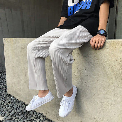 Pleated Straight Pants Men's Fashion Elastic Waist Casual Pants Men Streetwear Loose Ice Silk Trousers Mens Wide Leg Pants S-2XL