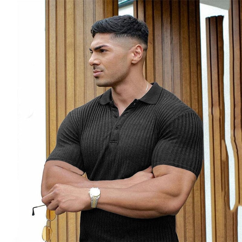 Gym Polo Shirt Men Fashion Turn Neck Short Sleeve Knitted Polos Sports Slim Fit Fitness Bodybuilding Workout Summer Clothing