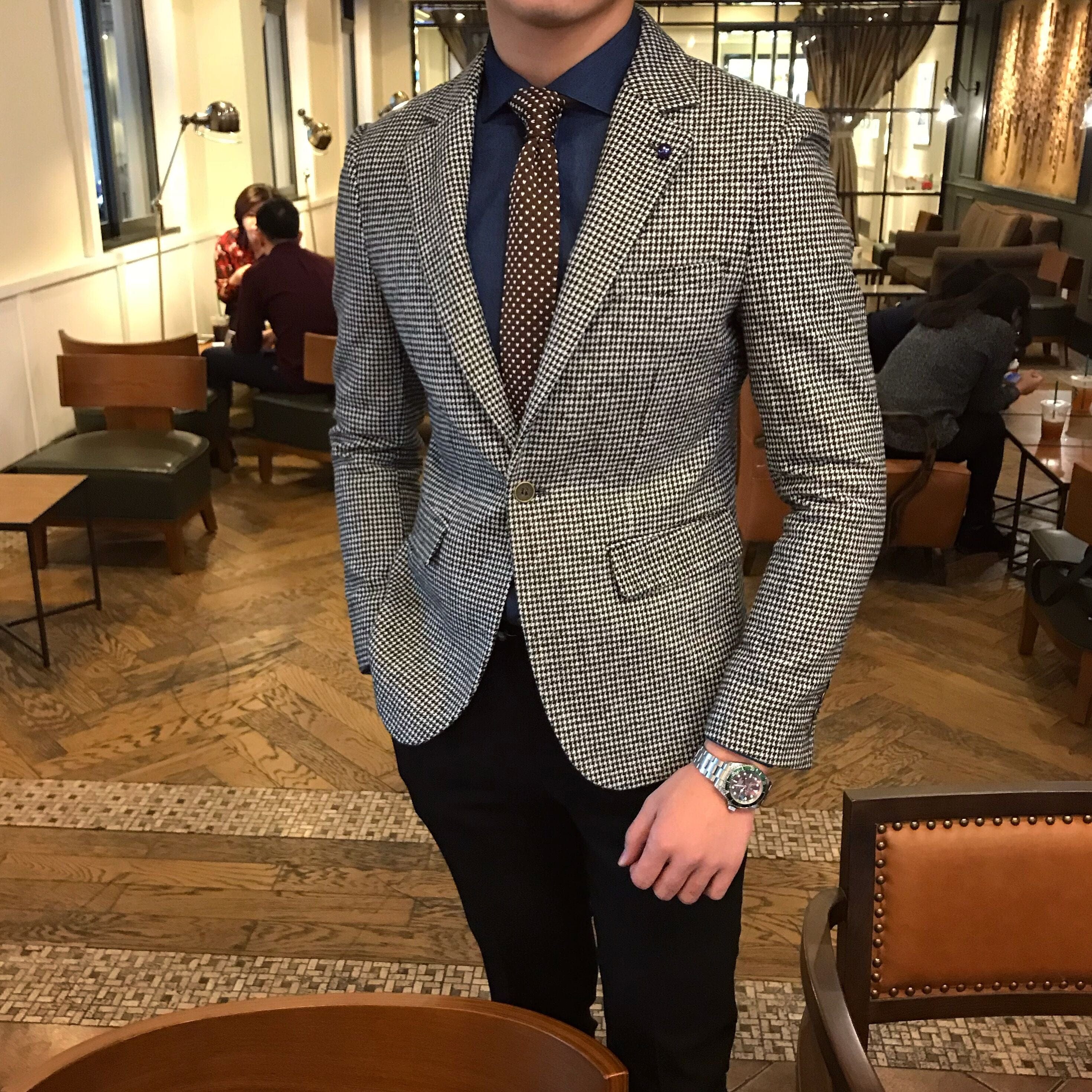Jachetă de costum pentru bărbați, cafea, din lână, tweed, retro, pentru afaceri, cu guler croit, sacou casual pentru nuntă, costume de mire 2021