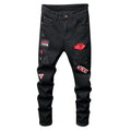 Sokotoo Men's red flower letters embroidery black jeans Fahion badge stretch denim pants