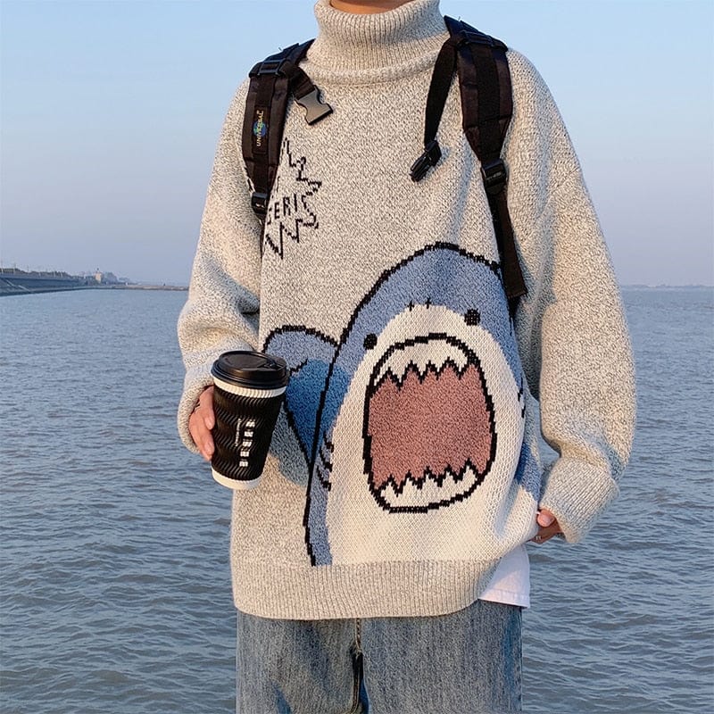 ZAZOMDE Men Turtlenecks Shark Sweater Men  Winter Patchwor Harajuku Korean Style High Neck Oversized Grey Turtleneck For Men
