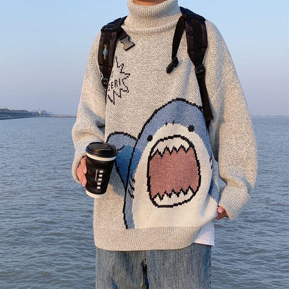 ZAZOMDE Men Turtlenecks Shark Sweater Men  Winter Patchwor Harajuku Korean Style High Neck Oversized Grey Turtleneck For Men