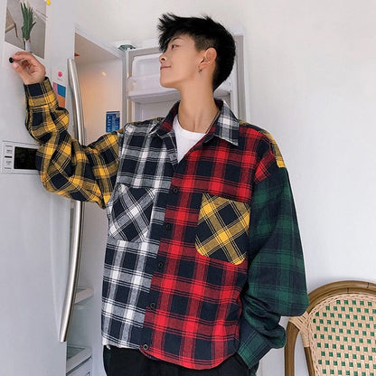 LAPPSTER Men Oversized Cotton Plaid Shirt  Man Hip Hop Patchwork Button Up Long Sleeve Shirt Couple Korean Harajuku Clothing