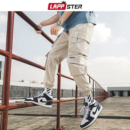 LAPPSTER Men Black Embroidery Joggers Pants  Man Streetwear Cargo Pants Male Pocket Sweatpants Grey Tactical Pants Plus Size
