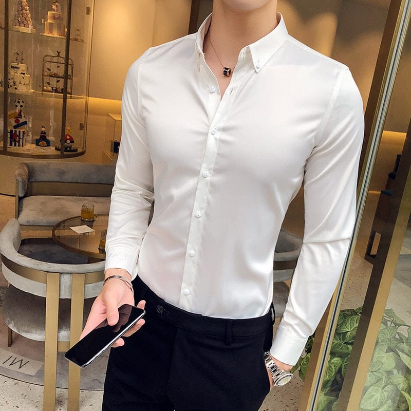 Decolteu Broderie Cămăși pentru bărbați cu mânecă lungă Casual Slim Fit Cămăși rochie pentru bărbați Culoare uni Formal Business Îmbrăcăminte socială Bluză