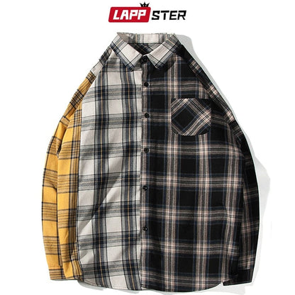 LAPPSTER Men Oversized Cotton Plaid Shirt  Man Hip Hop Patchwork Button Up Long Sleeve Shirt Couple Korean Harajuku Clothing