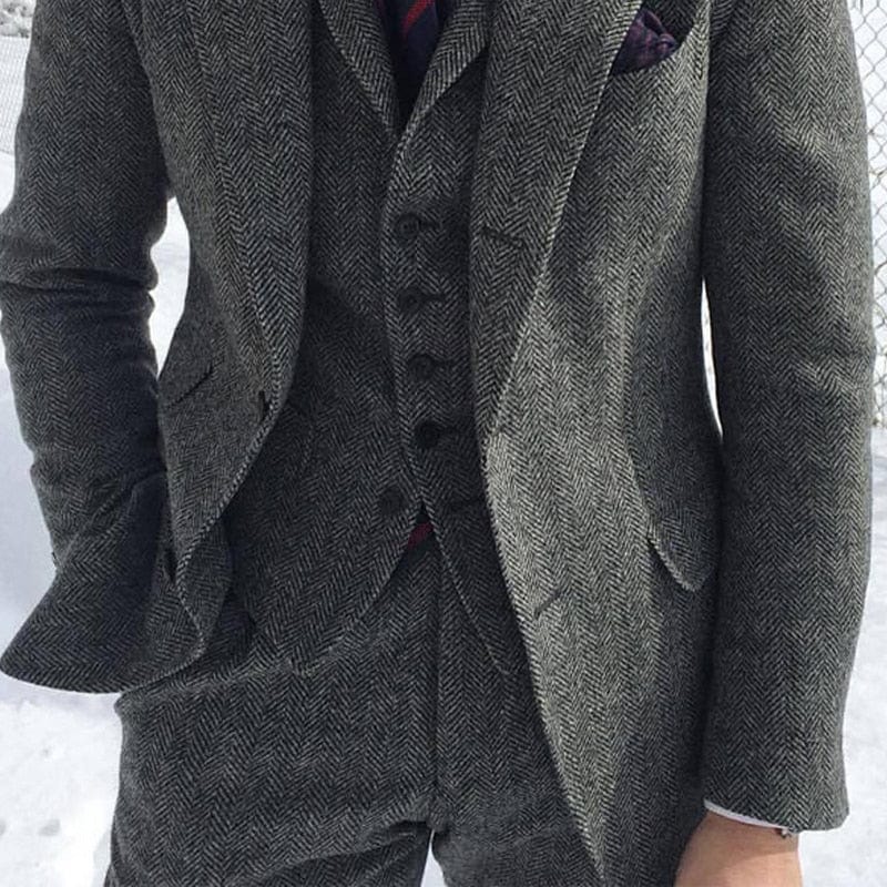 Costume de bărbați din tweed de lână gri pentru nuntă de iarnă Tuxedo de mire formal 3 piese Set de modă masculină în oase de pește Jachetă Vestă cu pantaloni