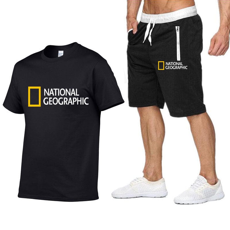National Geographic Tracksuit Sets Men's Casual Brand Fitness Sweatshirt Two-piece T-shirt Shorts Men's Hip Hop Fashion Clothing