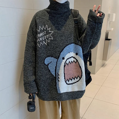ZAZOMDE Men Turtlenecks Shark Sweater Men  Winter Patchwor Harajuku Korean Style High Neck Oversized Grey Turtleneck For Men