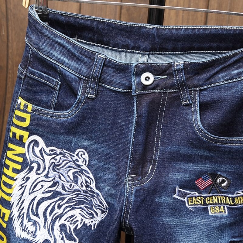 Blugi pentru bărbați Jean Homme Denim Pantaloni slim Fit Pantaloni blugi cu imprimeu pentru motociclist pentru bărbați Pantaloni de sport skinny ocazional la modă