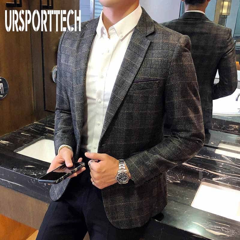 URSPORTTECH Men&#39;s Blazer British&#39;s Style Casual Slim Fit Suit Jacket Male Plaid Blazers Men Coat Terno Masculino Plus Size M-5XL