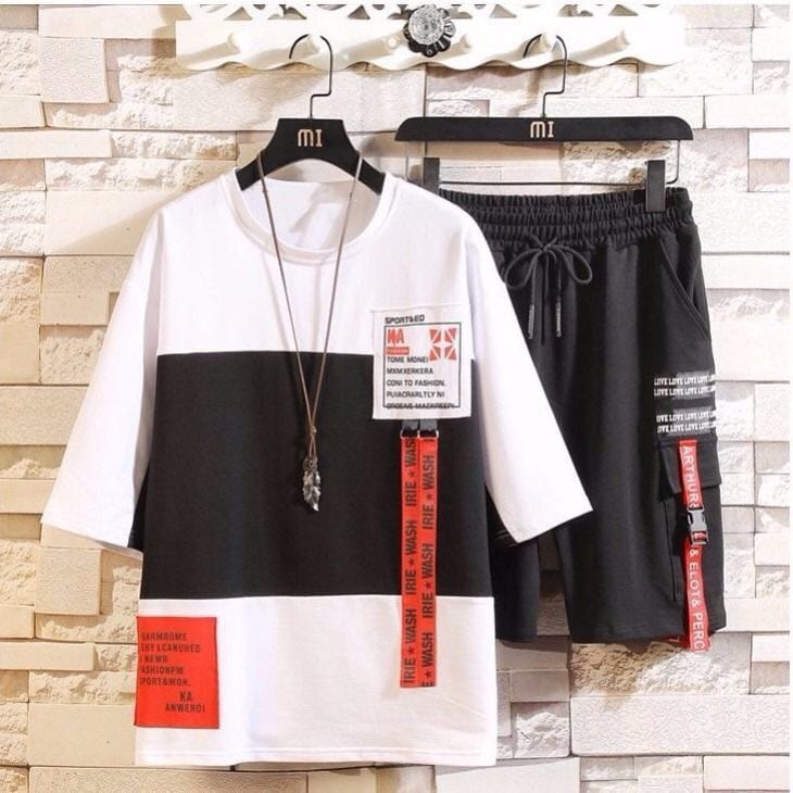 streetwear 2pcs set men Short-sleeved Shorts Two-piece Suit Male Summer Student Youth Hip Hop Sports Style Of All Matching