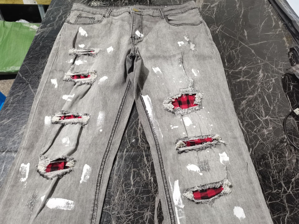 New Men's Slim-Fit Ripped Jeans Men's Painted Jeans Patch Beggar Pants Jumbo Men's Hip Hop Pants Size S-4XL