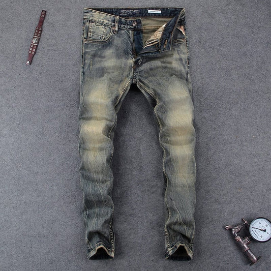 Italian Style Men Jeans Fashion Retro Washed Denim Long Pants Slim Fit Elastic Classical Jeans Men Vintage Designer Jeans Homme