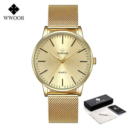 WWOOR Men Gold Watches  Luxury Brand Men Fashion Quartz Golden Clock Male Simple Sports Waterproof Wrist Watch Zegarek Meski