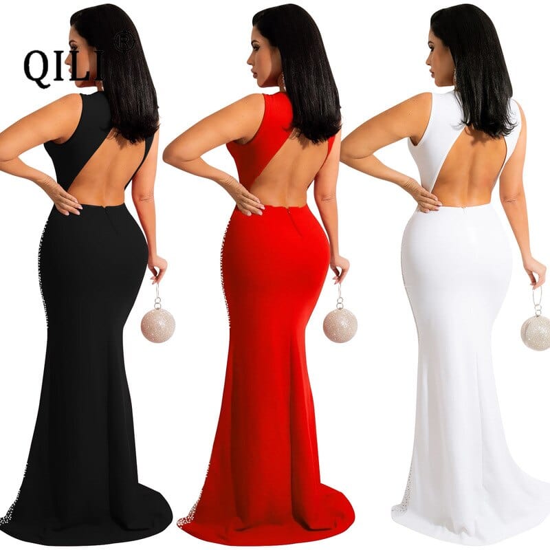 QILI Sexy Hot Rhinestone Mesh See-through Sleeveless Backless Long Skirt Dress Women