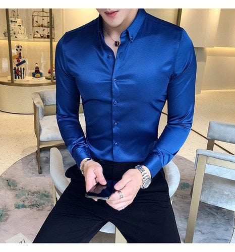 Neckline Embroidery Mens Shirts Long Sleeve Casual Slim Fit Men Dress Shirts Solid Color Formal Business Social Clothing Blouse