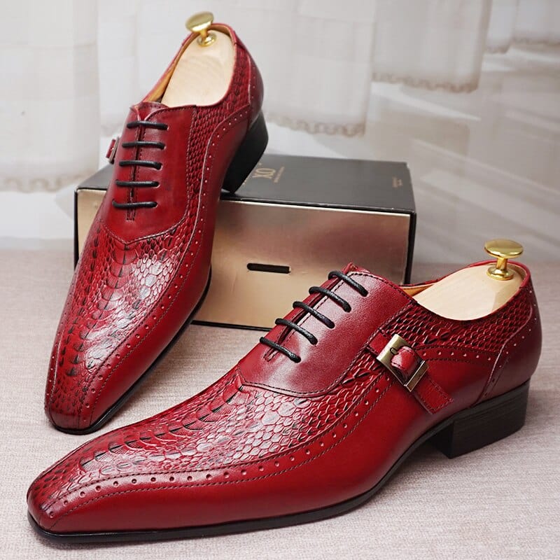 Italian Men Oxford Shoes Men Dress Leather Shoes Red Black Crocodile Prints Pointed Toe Lace up Wedding Office Men Formal Shoes