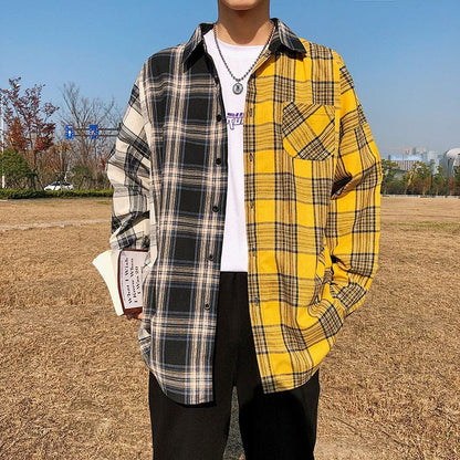 LAPPSTER Men Oversized Cotton Plaid Shirt  Man Hip Hop Patchwork Button Up Long Sleeve Shirt Couple Korean Harajuku Clothing