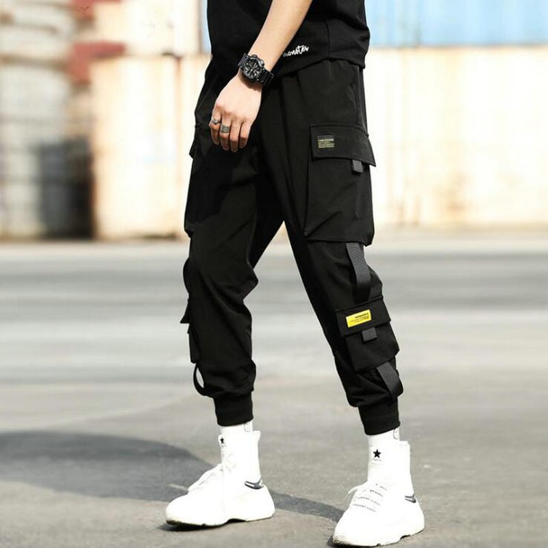 Streetwear Hip Hop Pantaloni harem negri pentru bărbați Pantaloni punk cu talie elastică cu panglici Pantaloni de jogger subțiri ocazional Pantaloni hip hop pentru bărbați