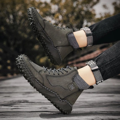 New Winter Men's Boots Thick Plush Warm Men's Snow Boots Leather Men's Ankle Boots Handmade Motorcycle Boots Outdoor Men's Shoes