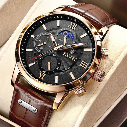 New Mens Watches LIGE Top Brand Luxury Leather Casual Quartz Watch Men's Sport Waterproof Clock Watch Relogio Masculino+Box