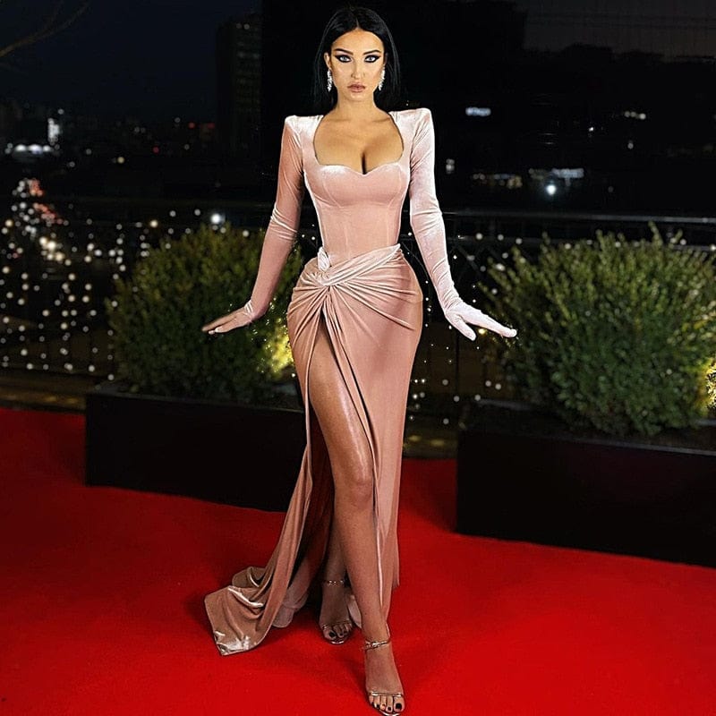 BoozRey rochie elegantă pentru femei Rochie lungă ținute de club de seară mănuși pentru femei cu mâneci din catifea rochii maxi cu fantă sexy Rochii de domnișoară de onoare