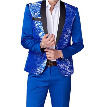 Fashion New Men's Casual Business Host Flower Suit Coat Pants 2 Pcs Set/ Men's Colorful Slim Fit Blazers Jacket Trousers