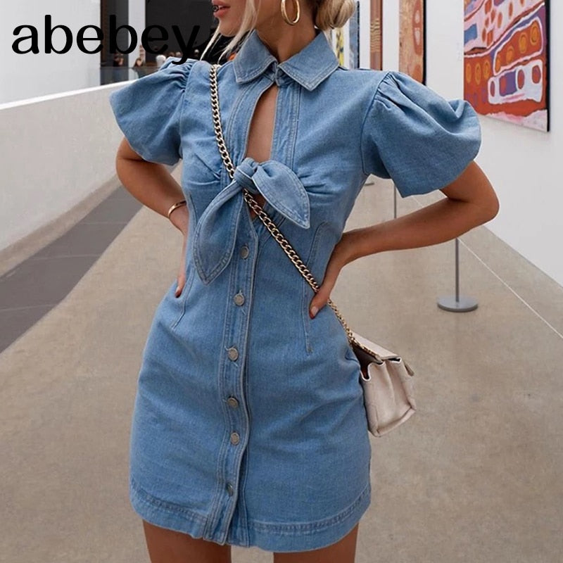 Hollow out knot tie blue denim dress Elegant puff short sleeve bodycon jeans dress Sexy street wear women summer dress