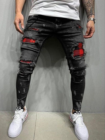 New Men's Slim-Fit Ripped Jeans Men's Painted Jeans Patch Beggar Pants Jumbo Men's Hip Hop Pants Size S-4XL