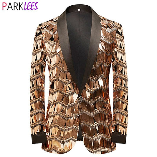 Mens Luxury Wave Striped Gold Sequin Blazer Jacket Shawl Lapel One Button Shiny Wedding Party Suit Jackets Dinner Tuxedo Blazer