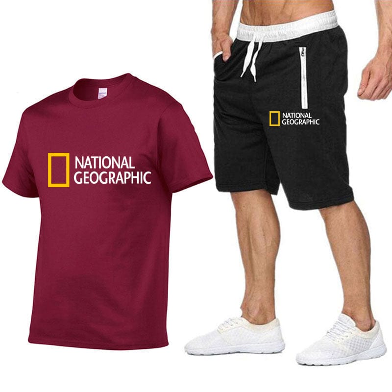 National Geographic Tracksuit Sets Men's Casual Brand Fitness Sweatshirt Two-piece T-shirt Shorts Men's Hip Hop Fashion Clothing