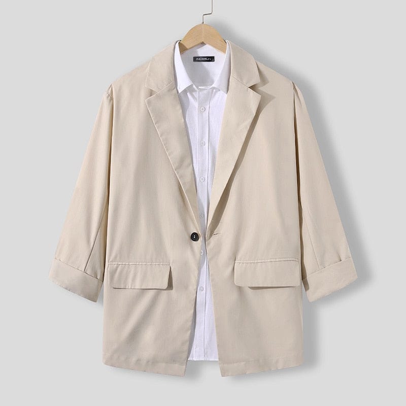 INCERUN Fashion Men Blazer Streetwear Solid Color Lapel 3/4 Sleeve One Button Leisure Suits Men  Casual Thin Jackets S-5XL