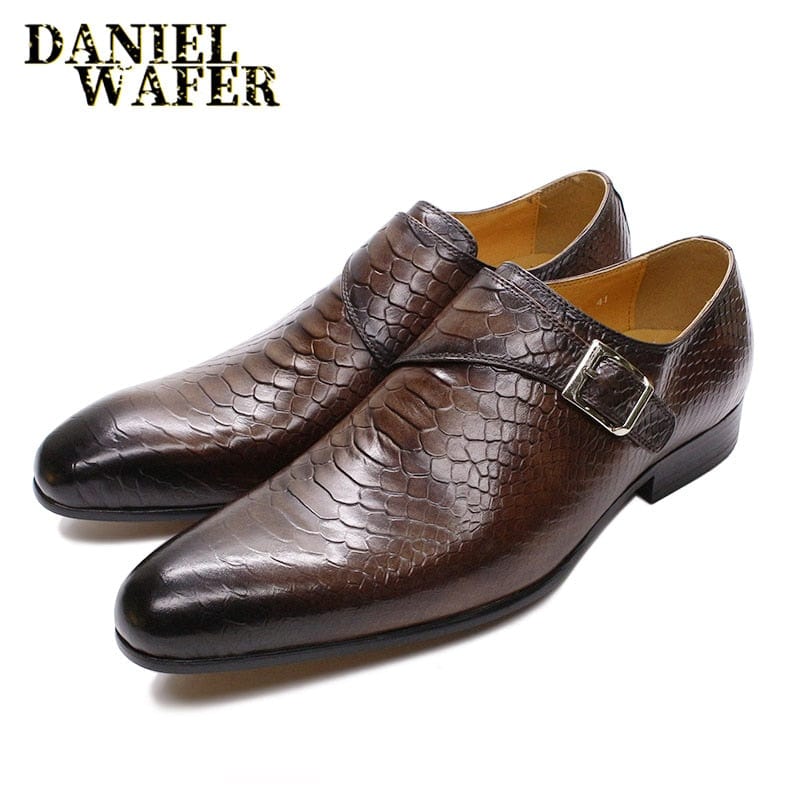 LUXURY MEN LOAFERS SHOES SNAKE SKIN PRINTS MONK STRAP SLIP ON BROWN BLACK CASUAL SHOES FORMAL DRESSES OFFICE men&#39;s summer shoes