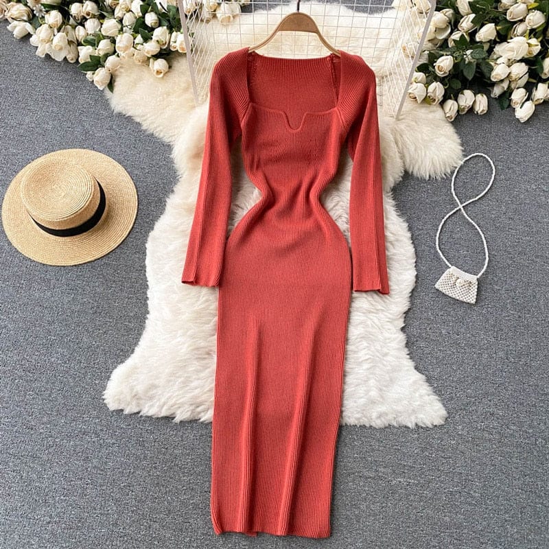 Croysier Dresses For Women 2021 Sexy Strapless Ribbed Knitted Bodycon Dress Women Winter Long Sleeve Midi Sweater Dress Clothes