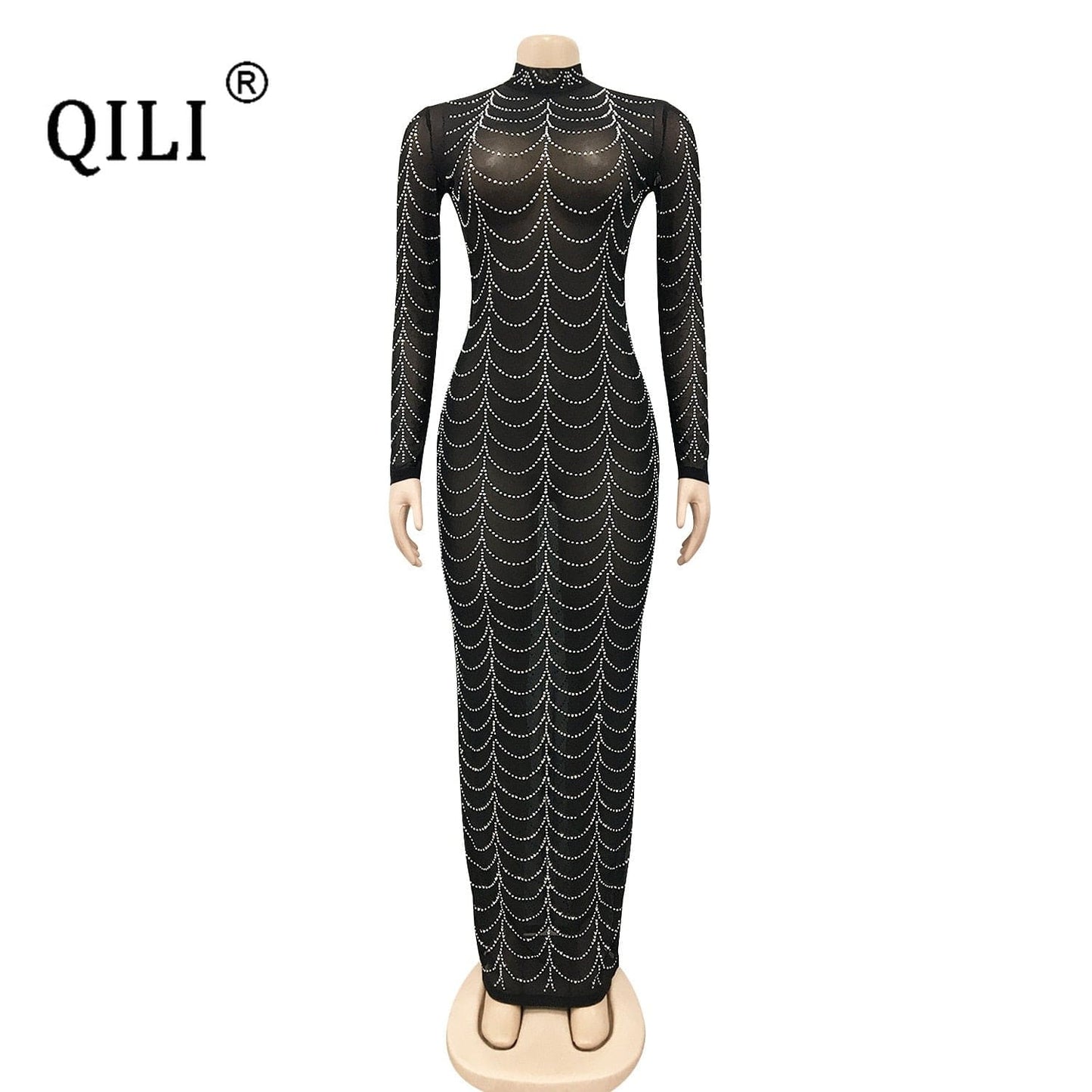 QILI Sexy See Through Mesh Diamonds Dress Full Sleeve Nightclub Hot Drilling Mesh See-through Long-sleeved Dress Black Gold