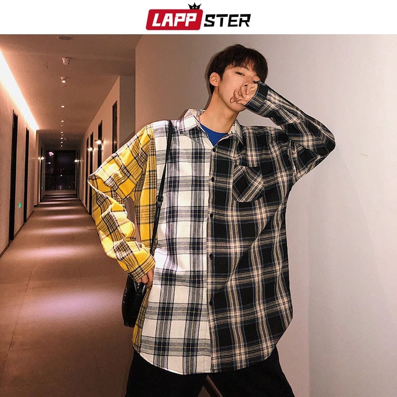 LAPPSTER Men Oversized Cotton Plaid Shirt 2022 Man Hip Hop Patchwork Button Up Long Sleeve Shirt Couple Korean Harajuku Clothing