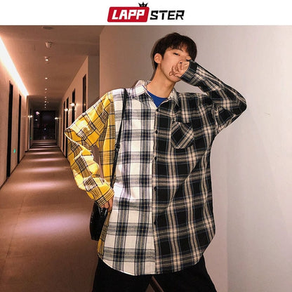 LAPPSTER Men Oversized Cotton Plaid Shirt  Man Hip Hop Patchwork Button Up Long Sleeve Shirt Couple Korean Harajuku Clothing