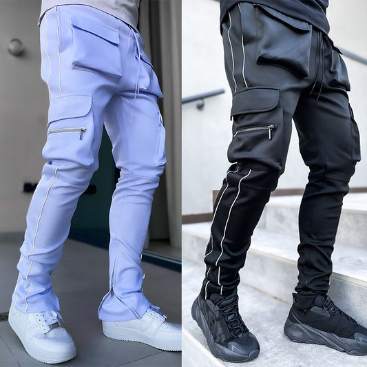 GODLIKEU Cargo Pants Spring Autumn Mens Stretch Multi-Pocket Reflective Straight Sports Fitness Casual Trousers Joggers