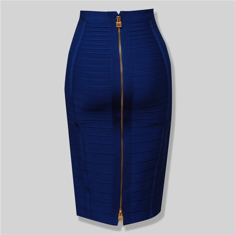 High Quality Black Red Blue Orange Zipper Bodycon Rayon Bandage Skirt Day Party Pencil Skirts Vestidos