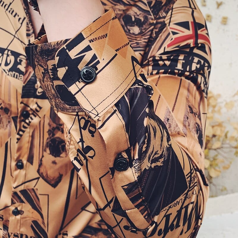 Gold Newspaper Printing Shirt Man Long Sleeve Camisa Masculina Shirts Men Clothes 2019 Autumn Camisa Homem Flower Shirt Men